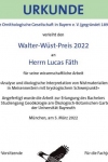 Urkunde zum Walter-Wüst-Preis 2022 für Herrn Lucas Fäth